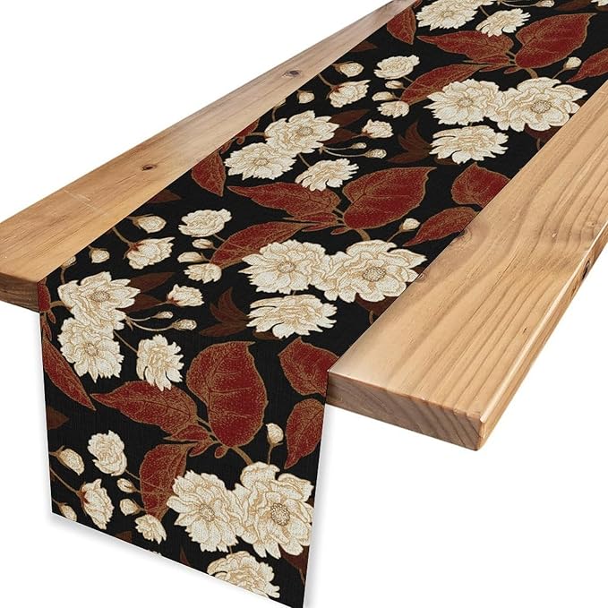 Boho Floral Table Runner, Black White Minimalist Vintage Rustic Flower Botanical Leaf Print Table Center Decor for Family Kitchen Table Decorations Indoor Outdoor 13x90 inch