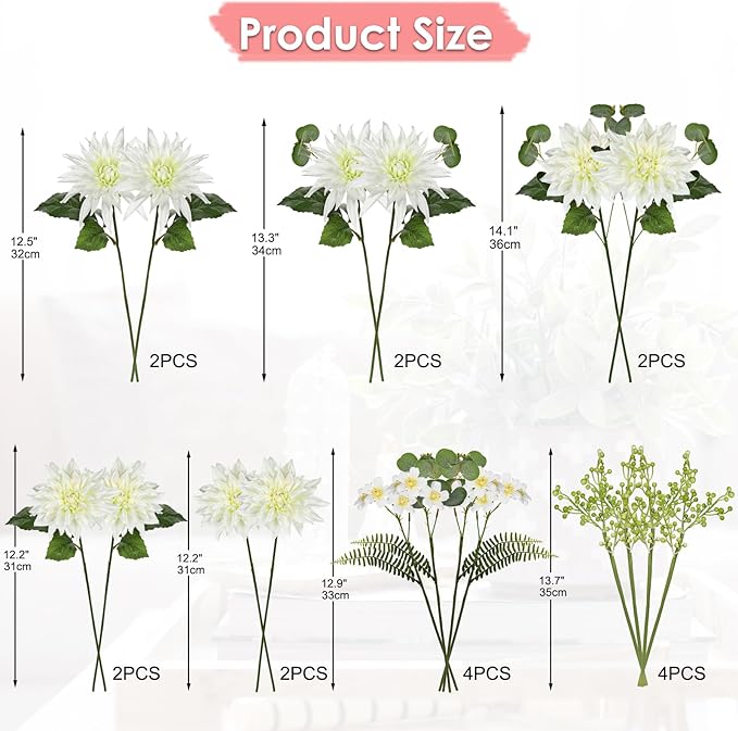 Dahlia Artificial Flowers 18PCS Fake White Flowers Realistic Dahlia Daisies Silk Flower Arrangements Faux Flowers for Vase Floral Centerpiece Arrangements Wedding DIY Bridal Bouquet Party Home Decor