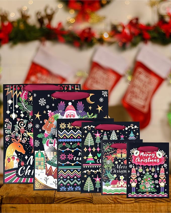 qiqee Christmas Paper Gift Bags with Tissue Paper Handles Assorted Sizes 10PCS Merry Christmas Bags(2pcs Large 13", 4pcs Medium 9", 4pcs Small 6"，30pcs Tissue Paper)