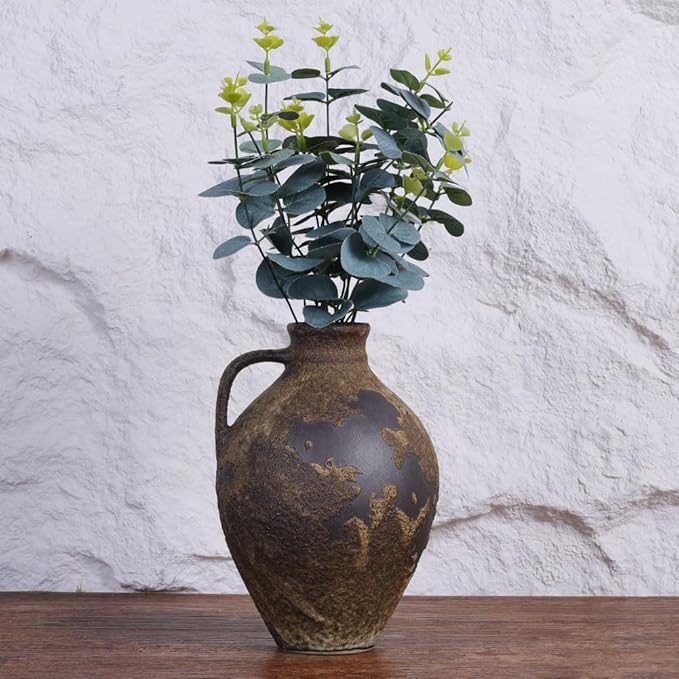 Wabi Sabi Decor Rustic Vase with Handle, Distressed Farmhouse Vase for Home Decor, Vintage Pottery Terracotta Vases for Home Decor, Living Room, Kitchen, Bedroom, Shelf, and Table Centerpiece