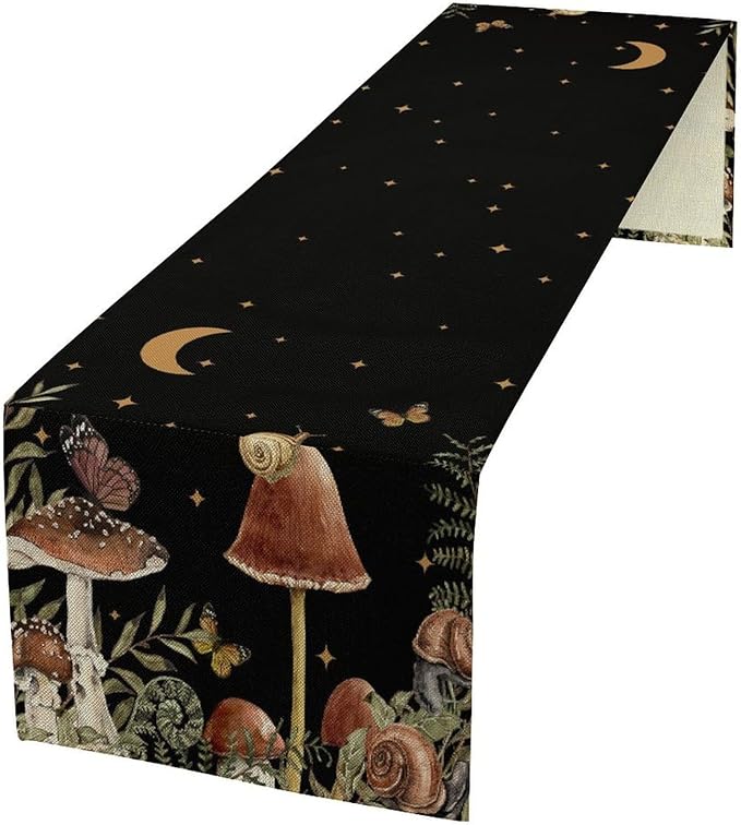 Retro Mushroom Table Runner, Boho Night Plants Leaves Moon Star Botanical Snail Butterfly Print Table Runner for Home Kitchen Dining Table Decor, 13x70inch