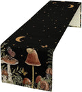 Retro Mushroom Table Runner, Boho Night Plants Leaves Moon Star Botanical Snail Butterfly Print Table Runner for Home Kitchen Dining Table Decor, 13x60inch