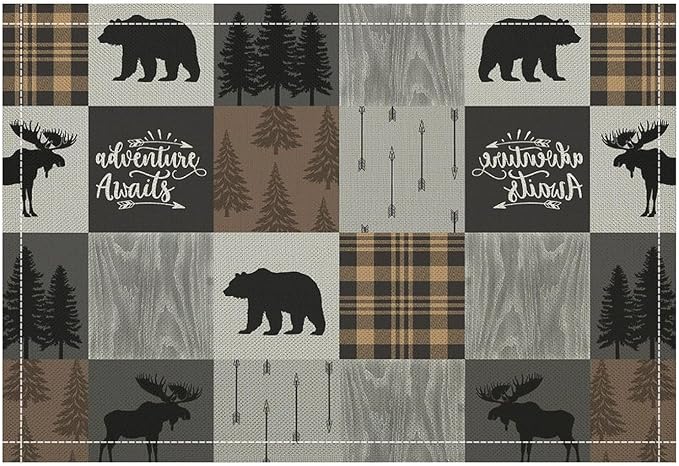 Rustic Cabin Placemats Bear Deer Moose Hunting Plaid Check Art Printed Dining Table Mats Set of 4 for Home Kitchen Holiday Picnic Party Decor 12x18in