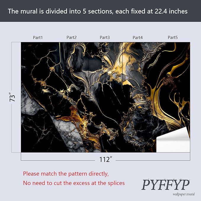 PYFFYP- Abstract Black and Gold Marble Wallpaper murals for Bathroom(Not Peel and Stick)