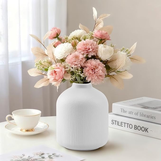 Christmas White Ceramic Flower Vases Set of 3, Large Xmas Gift Vases with Vertical Stripe Texture, Modern Decorative Vases for Dried Flowers, Home Decor for Living Room Bedroom Kitchen Shelf