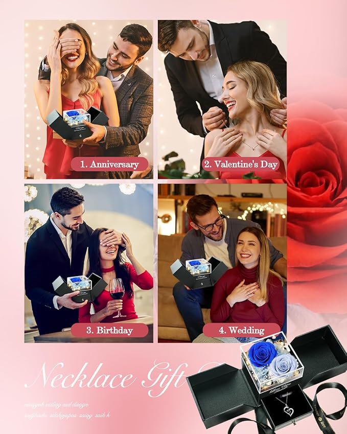 Birthday Gifts for Women, Preserved Real Roses with Heart Necklace I Love You in 100 Languages, Romantic Anniversary Wedding Christmas Gifts for Women Her Girlfriend Wife, 2 Blue Forever Roses Necklace Gift Box