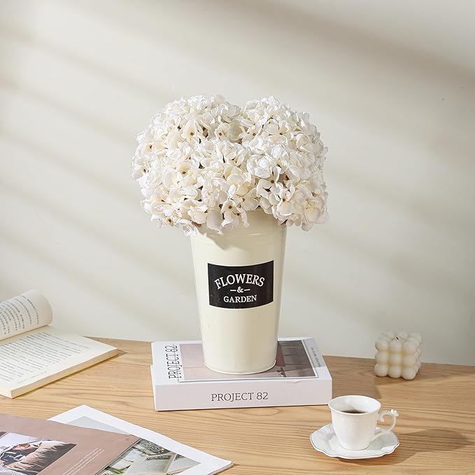 White Dried Hydrangea Flowers Artificial, Faux Fall Floral Stems for Home Decor, Wedding, Vase Fillers (White)