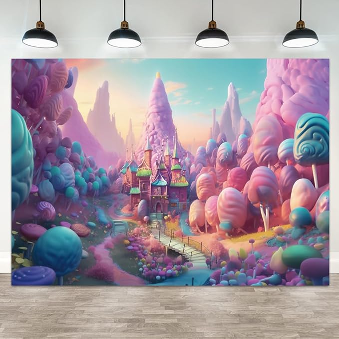 5x3ft Candyland Backdrop Fantasy Candy Castle Photography Background Sweet Lollipop Dream Blue Sky Cartoon Kids Birthday Banner Decorations Baby Shower Newborn Portrait Photo Booth Prop