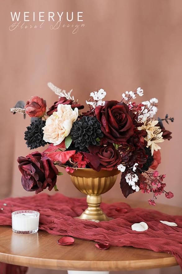 Artificial Flower Box Set Silk Fake Flowers DIY Center Cake Decoration Wedding Bouquet Corsage Home Decor Outdoor Decor Gift (Gothic Black and Red)