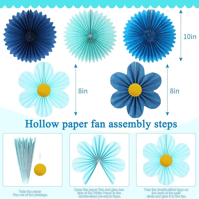zilue Paper Fans Party Decorations Paper Flowers Decorations for Wall Classroom Floral Backdrop Baby Shower Birthday Party Flower Wall Decor Pack of 11 Blue