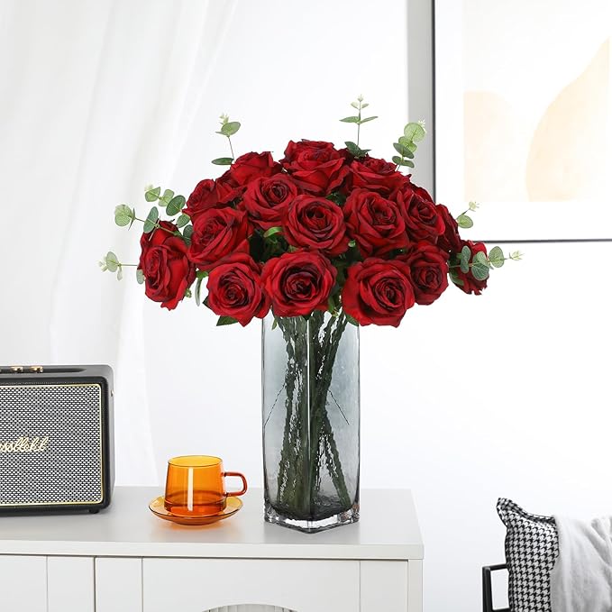 Tifuly Red Roses Artificial Flowers - 12 pcs Realistic Long Stem Fake Roses Faux Silk Flowers for DIY Bouquets Wedding Centerpieces Arrangements Home Party Decor（Burgundy）