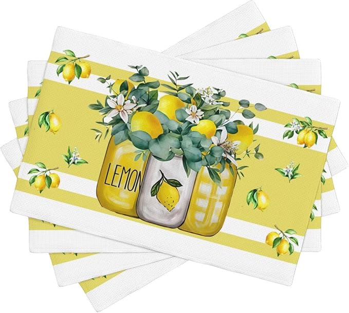 Lemon Kitchen Table Placemats Set of 4 Retro Country Floral Plant Print Placemat Indoor Outdoor Party Home Desktop Dining Room Decor 12x18 Inch