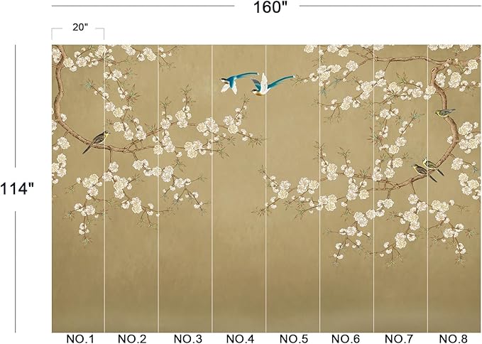 Eierme-Beautiful Background China Art. Flower with Bird Mural Wallpaper Peel and Stick 160" x 114"