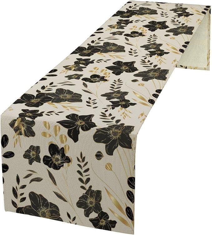 Black Gold Floral Table Runner, Mordern Minimalist Luxury Golden Floral Leaves Print Table Runner for Indoor Outdoor Home Decor Party Decor, 13x60inch