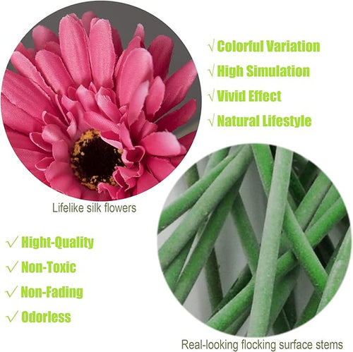 12pcs Artificial Gerbera Daisies,22 Inch Long Stem Silk Daisy Flowers,Realistic Artificial Flower Mums for Home Décor Centerpiece Wreath Supplies Wedding Bouquet,Dark Pink