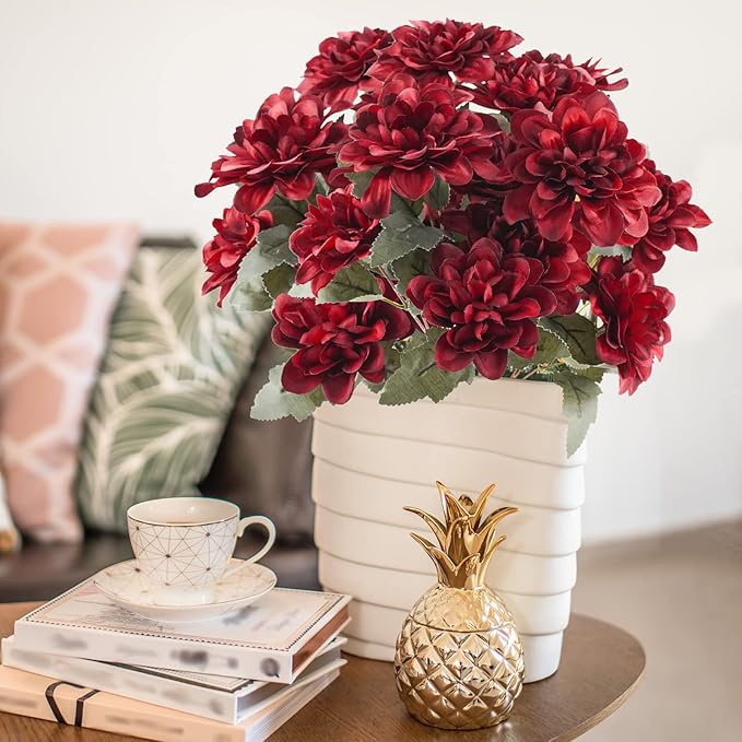 Uieke 6PCS Artificial Daisy Mums Flowers with Stem, Silk Gerbera Daisies Flowers Arrangement for Home Party Wedding Bridesmaid Bouquets Christmas Table Centerpieces Decor (Burgundy Red)