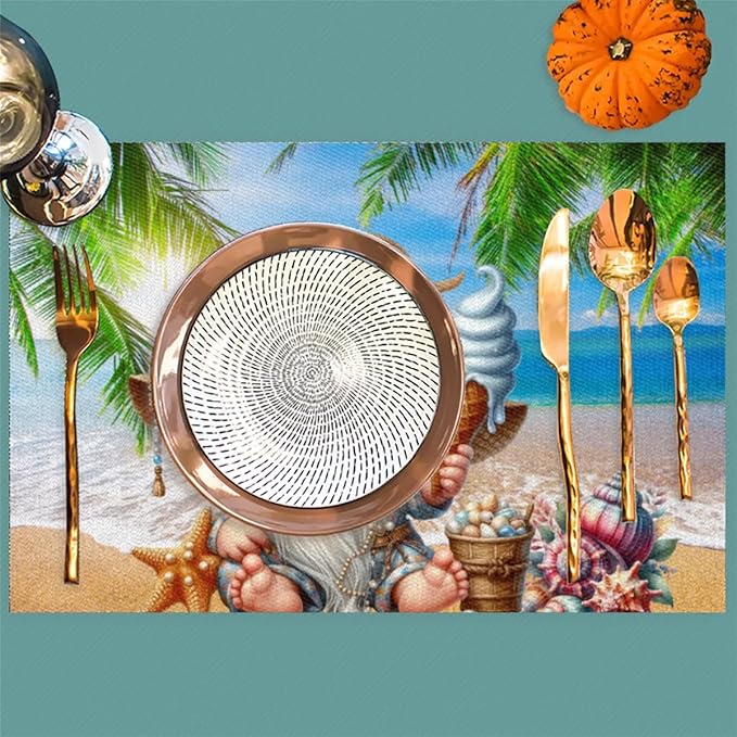 PVC Placemats Set of 1 Summer Gnomes Cute Wipeable Table Mats Washable Heat Resistant Non Slip Vinyl Dining Table Mat for Kithen Indoor Outdoor Patio Farmhouse Place Mats Decorative