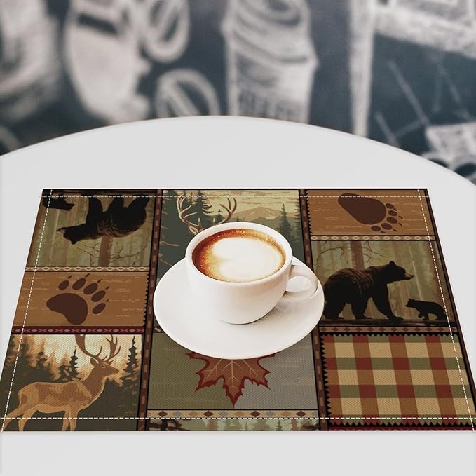 Retro Rustic Lodge Bears Placemats Set of 4, Vintage Cabin Farmhouse Country Style Place Mats, Heat Resistant Non Slip Cotton Linen Dining Table Mats for Home Kitchen 18x12 Inch
