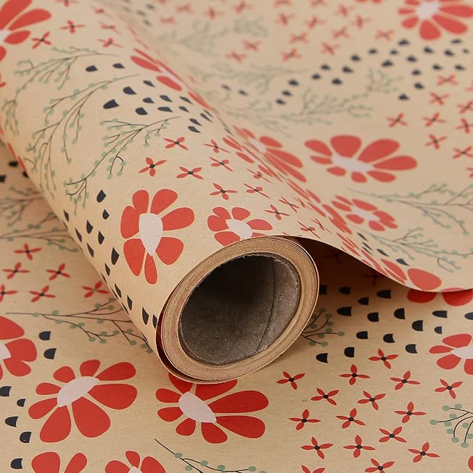 Aimyoo Kraft Floral Wrapping Paper Roll, All Occasion Vintage Red Flower Gift Wrap for Wedding Birthday Bridal Shower, 17 inch x 10 ft