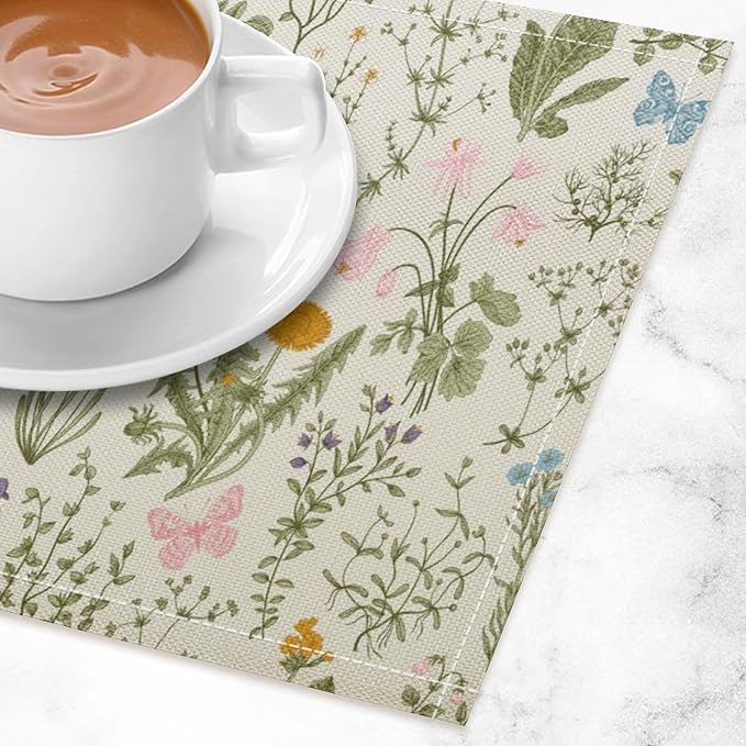 Botanical Placemats Set of 4, 17x12 Inch Butterfly Green Leaf Colorful Wildflower Vintage Rustic Style Table Mats for Home Party Kitchen Dining Decor