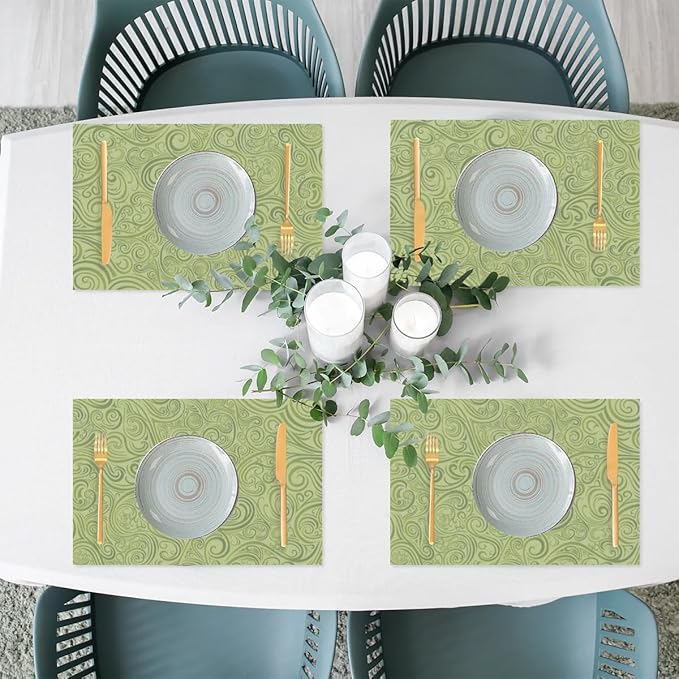 PVC Placemats Set of 6 Sage Green Abstract Art Wipeable Table Mats Washable Heat Resistant Non Slip Vinyl Dining Table Mat for Kithen Indoor Outdoor Patio Farmhouse Place Mats Decorative