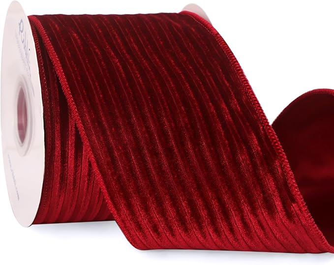 Ribbli Glossy Dark Red Velvet Wired Ribbon 4 Inch Striped Velvet Christmas Ribbon for Gift Wrapping Christmas Tree Decoration Crafts Wreaths Supplies-Continuous 10 Yards