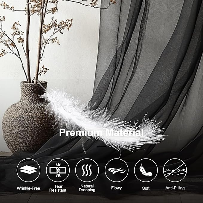 Tulle Curtain Backdrop with 300 LED Fairy Lights for Parites Wrinkle-Free Sheer Curtain Drapes Photo Back Drop for Wedding Baby Shower Bridal Shower Birthday Dance Home Décor- 10ft×10ft, Black