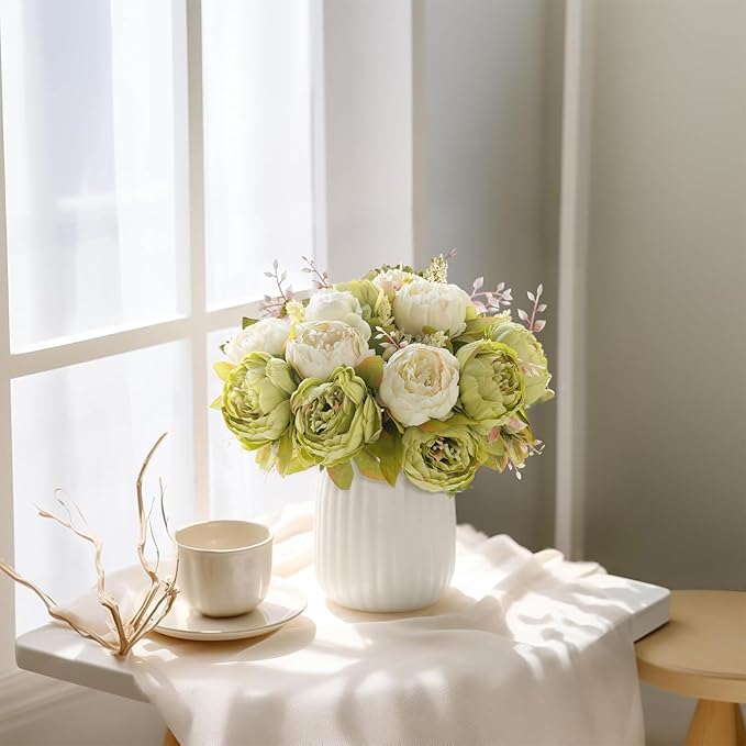 Mkono Peonies Artificial Flowers, 2 Packs 13 Stems Faux Peony Flowers Real Touch Fake Silk Bouquet for Arrangements Dining Table Centerpieces for Kitchen Bridal Wedding Party (2, New Green)