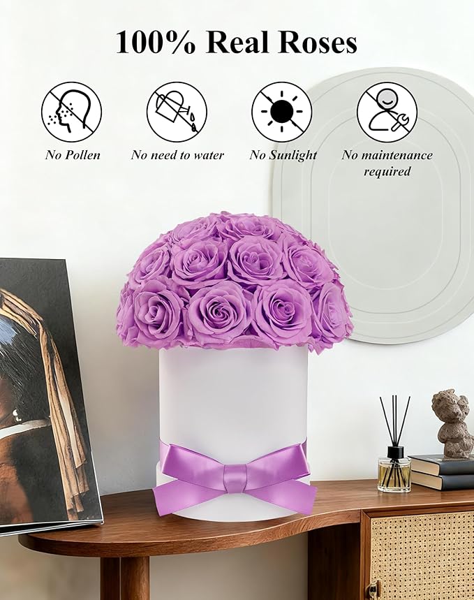 27 Forever Roses Dome in White Box, Eternal Real Roses Gifts for Women, Preserved Flowers for Delivery Prime, Anniversary, Valentine's Day, Christmas, Birthday for Her (Light Purple)