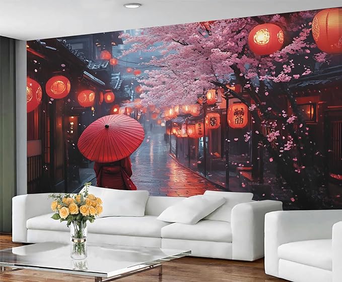 Japanese Street Wall Mural, Cherry Blossom Lantern Scene 3D Wall Murals, Romantic Rainy Evening Japan Wallpaper Mural, for Living Room Bedroom Large Wallpaper Indoor Decor 118" W x 82.6 "H