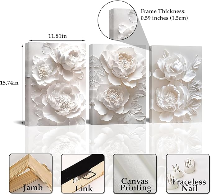 Sepwrol White Flower Canvas Wall Art Modern Abstract Rose Blooming Floral Textured Printing Artwork for Home Bedroom Living Room Wall Decor, 12"x16" 3 Panel (White-2)