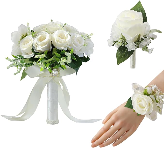 Meldel Ivory Wedding Bouquets for Bride Bridesmaid with Corsage and Boutonniere Set, 8 Inch White Champagne Artificial Roses Flowers Bridal Bouquet for Wedding Church Decoration,Ceremony, Anniversary