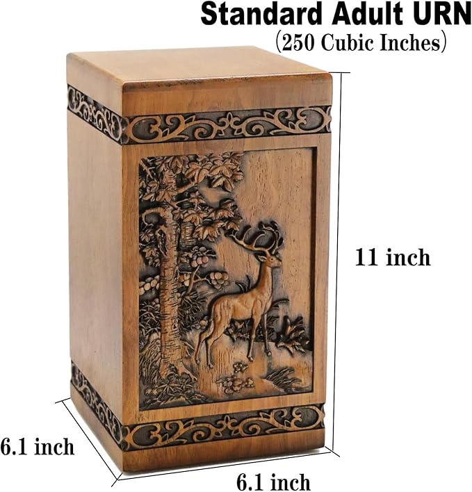 Wooden Cremation Urn for Human Wood Ashes Decorative Box Funeral Urns for Adult Male Female with Velvet Bag Burial or Memorial Keepsake (Deer(XL) 250lbs)