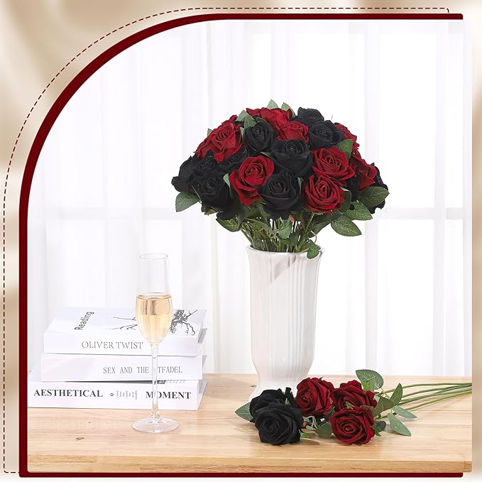 80 Pcs Roses Artificial Flowers, Silk Black & Red Artificial Flowers Petals Long Stem Roses for Wedding Bouquet Home Party Decor