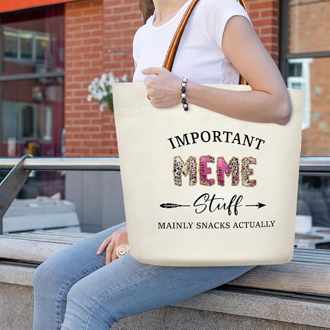 Canvas Tote Bag for Women, Important Stuff Bag with Leather Handle, Reusable Grocery Bags for Shopping Beach Travel