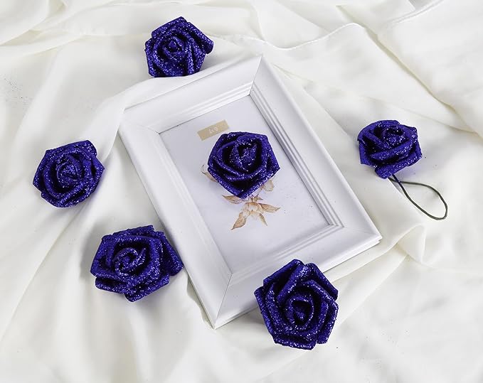 Glitter Foam Roses 30 PCS Royal Blue Roses Artificial Flowers Foam Flowers Glitter Roses with Stem Artificial Flowers for DIY Wedding Bridal Bouquet Party Centerpieces Decor(Royal Blue)