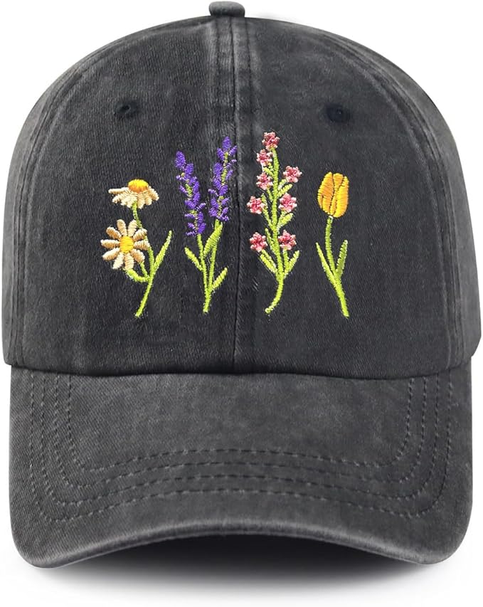 Cute Flower Hat, Elegant Floral Embroidered Adjustable Baseball Cap for Men Women, Gifts for Flower Lovers, Black