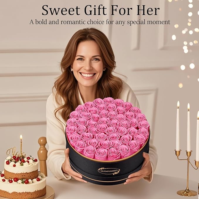 50 Preserved Roses in a Gift Box for Her - Forever Flowers for Delivery, Eternal Rose Mothers Gifts for Mom, Wife Anniversary Birthday Gifts for Women, Pink