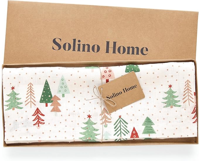 Solino Home Christmas Table Runner 72 Inches Long - 100% Pure Linen Print Table Runner 14 x 72 Inch - Handcrafted and Machine Washable - Modern Christmas, New Year