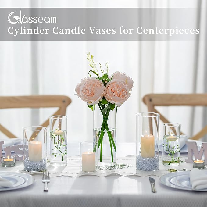 Glasseam Clear Cylinder Vases Set, 24Pcs Glass Vases for Centerpieces Bulk, Modern Floating Candle Holder for Decor, Hurricane Candle Holders for Wedding Table Decor (5.5"/7.5"/9.5")