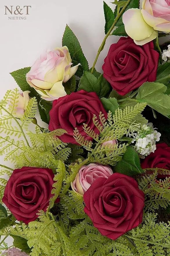 N&T NIETING Artificial Flowers, 25Pcs Fake Flowers Roses Perfect DIY Wedding Bouquets Centerpieces Bridal Shower Party Valentine's Day Home Flower Arrangement Decorations, Dark Red