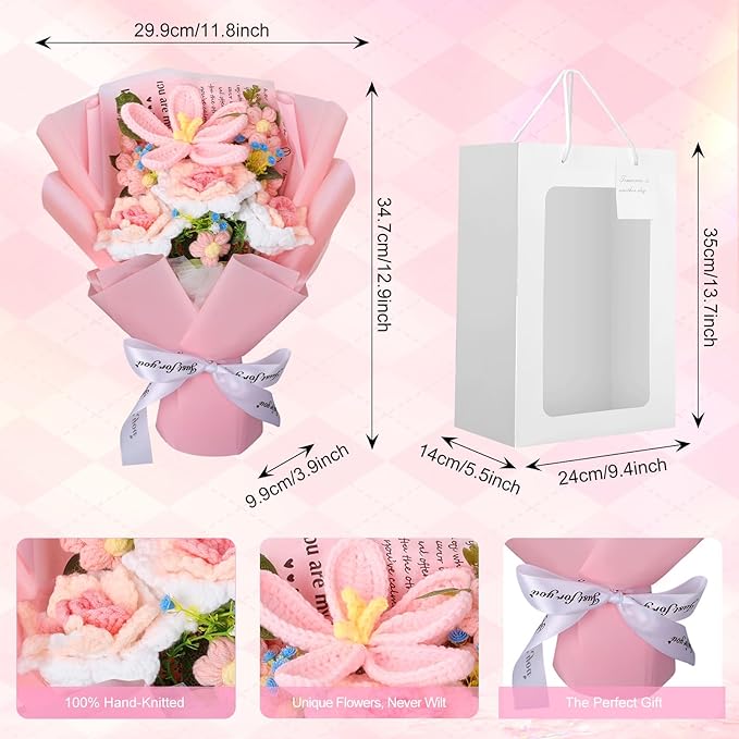 Foyucool Crochet Flowers Bouquet, Handmade Knitted Tulip Rose Bouquet with Gift Bag for Home Deocor, Crocheted Finished Flower for Wedding, Mother's Day, Teachers' Day and Valentine's Day, Pink