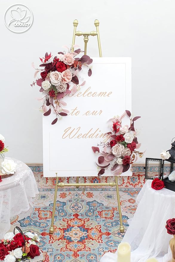 Pack of 2 Wedding Arch Decorations Artificial Hanging Flowers Floral Swag for Wedding Welcome Sign Backdrop Balloon Arch Home Party Bridal Ceremony Reusable(Red)
