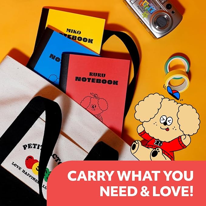 PETIT FACTORY Canvas Tote Bag 14.2"(W) × 9.1"(H) × 3.9"(D), Great for DIY Painting or Decoration, Tote Bags for Women Canvas with Pockets & Keyring Hooks