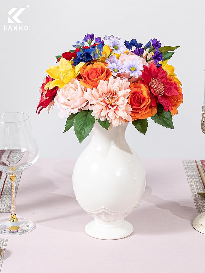 FANKO Artificial Flowers Mixed Rainbow Combo, Fake Silk Rose Flowers Orange & Champagne Roses, Pink Dahlia for DIY Wedding Bridal Bouquets/Centerpieces/Home