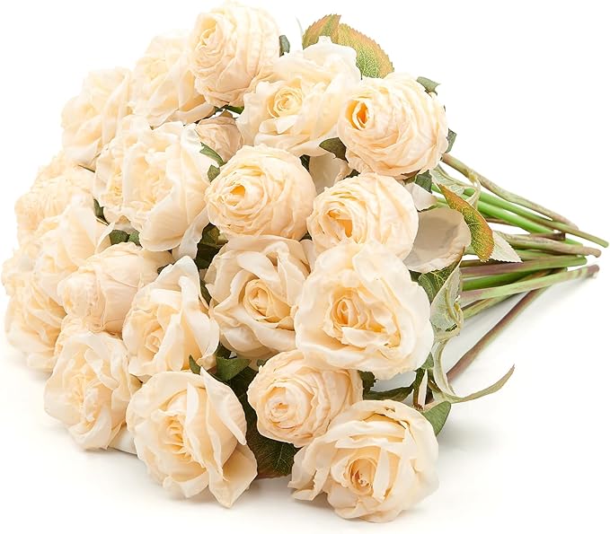 Rose Artificial Flower 28pcs Realistic Faux Silk Roses Fake Flowers Bouquets Arrangements Decor for Wedding Spring Mother's Day, Home Table Decorations, Champagne Flower