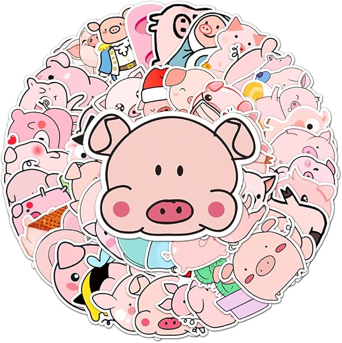 Pig Vinyl Stickers for Teens Boy Girls Kids|50 Pcs|Cartoon Waterproof Stickers for Laptop Phone Tablet Luggage Flasks Water Bottle Notebook Scrapbook Bike Car Computer,Cute Animals Decals Pack(Pig)