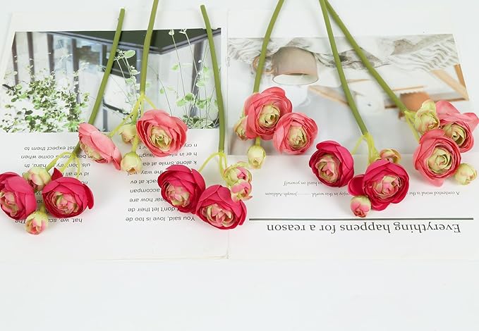 IPOPU Artificial Ranunculus Deep Pink Silk Flowers with Stems 12PCS Mini Fake Flowers for DIY Wedding Bouquet Bridal Shower Decorations Floral Filler Flowers Centerpieces (Shade of Hot Pink)