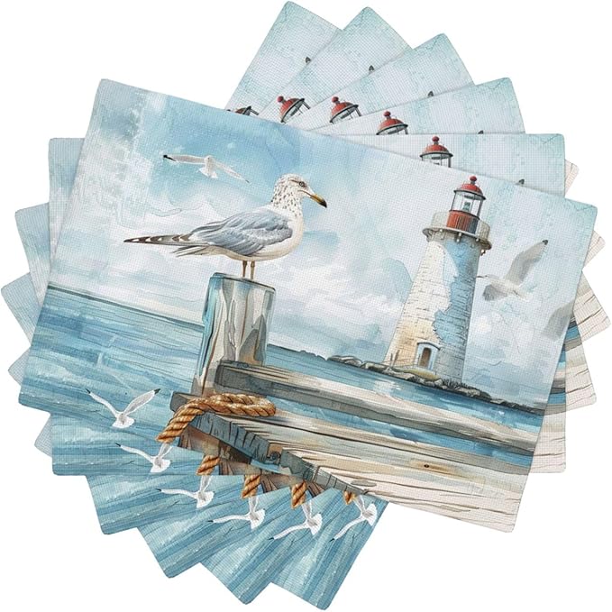 Lighthouse Seagull Placemats Set of 6 Washable Table Mats Ocean Nautical Coastal Heat-Resistant Cotton Linen Place Mats for Dining Table Kitchen Indoor Outdoor Party Holiday Decor