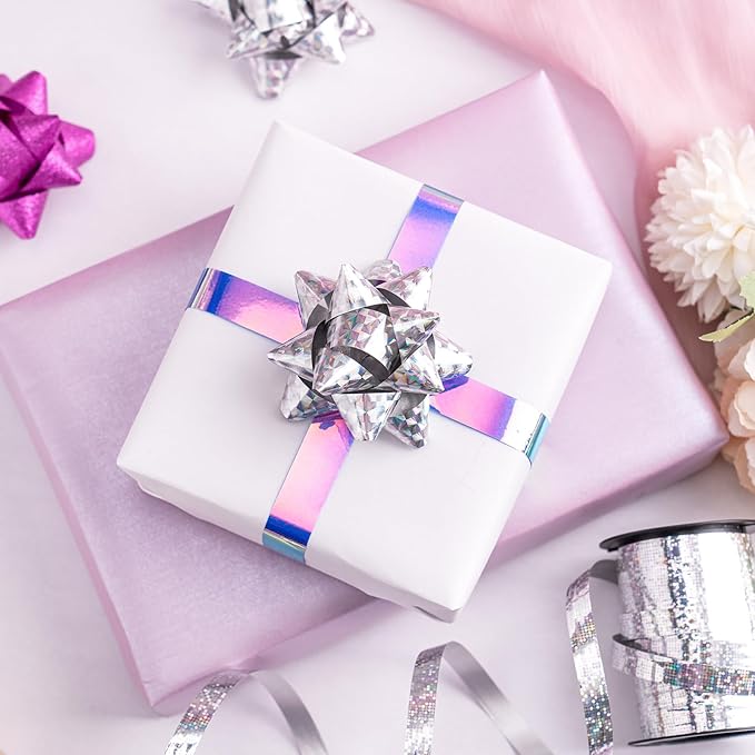 WRAPAHOLIC 16 Pcs Gift Bows Assortment - 14 Multi Colored Assorted Size Gift Bows(Purple, Silver, Blue), 2 Crimped Curling Ribbons, Perfect for Holiday, Party
